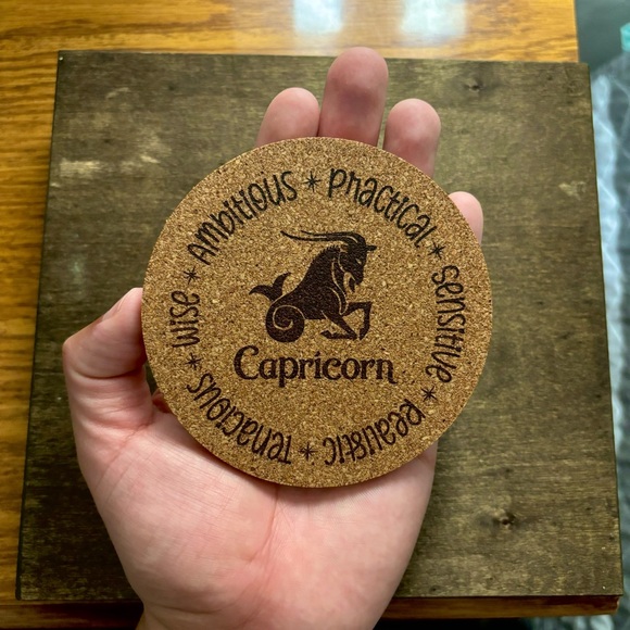 Capricorn Zodiac Sign Encircled Laser Engraved Cork Coaster - Picture 3 of 5